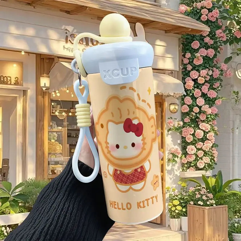 600ml Sanrio Hello Kitty Vacuum Thermos Cup SS316 Insulated Coffee Mug with Lifting Rope Portable Outdoor Drinking Water Kettle