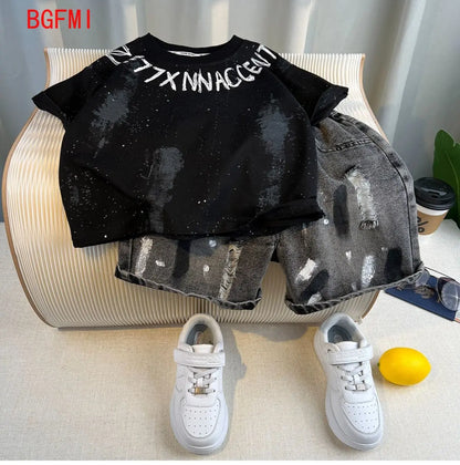 New Boys Fashion Summer Cotton Letter Printing T-shirts+Graffiti Denim Shorts 2pcs Set Kids Korean Outfits Sets Children Clothes