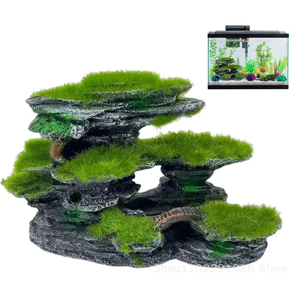 Aquarium Mountain View Stone,Aquarium View Stone, Mossed Aquarium Hideout, Submersible Resin Aquarium Decorations Large
