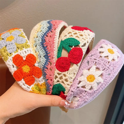 Sweet Embroidery Flower Kids Hair Hoops Colorful Knit Woolen Autumn Winter Wide Hairband for Girl Headwear
