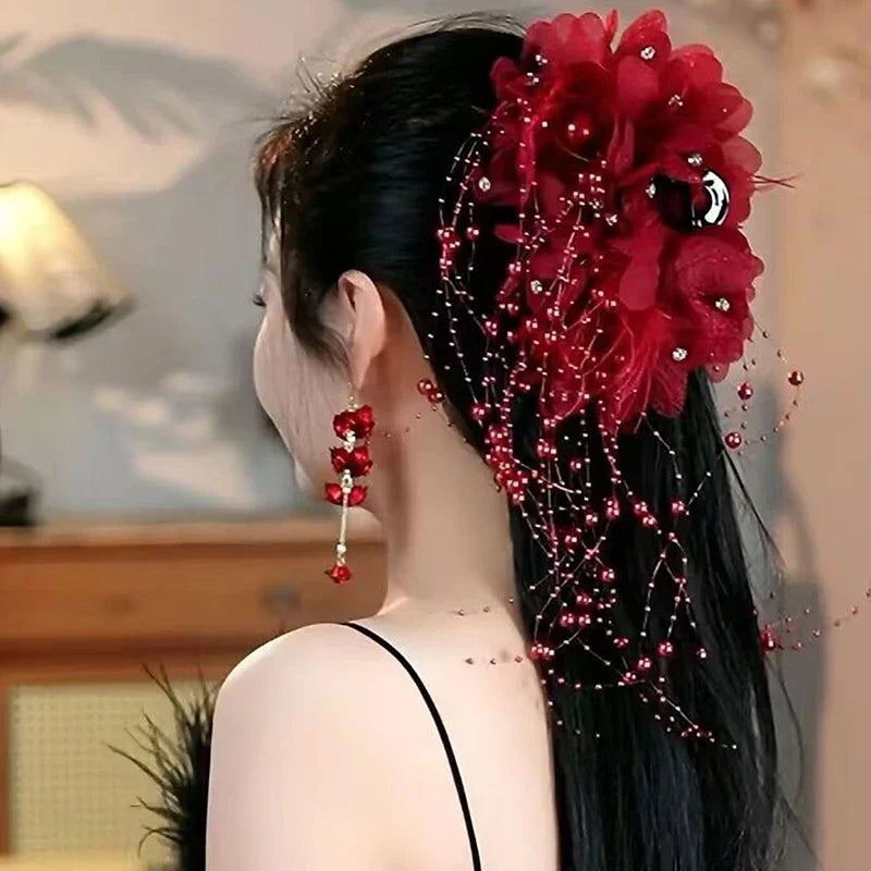 Fashion Fairy Butterfly Feather Tassel Hair Claw Shark Clips Temperament Mesh Flower Claw Clip Women Headwear Hair Accessories