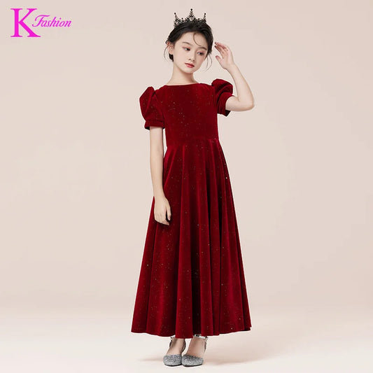 Kids Party Dress Clothing For Birthday Princess  Wine Red Piano Wedding Flower Girl 5-17 Years Old  Host Children's Formal Dress