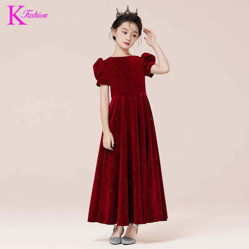 Kids Party Dress Clothing For Birthday Princess  Wine Red Piano Wedding Flower Girl Host Children's Formal Dress