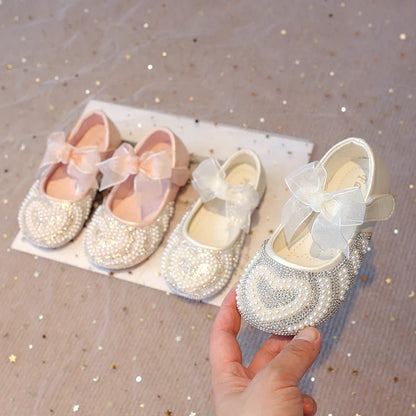 Girls Rhinestone Shoes with Big Heart Pearl Lace Bowtie Fashion Princess Sweet Kids Dress Flats for Wedding Party Chic Elegant