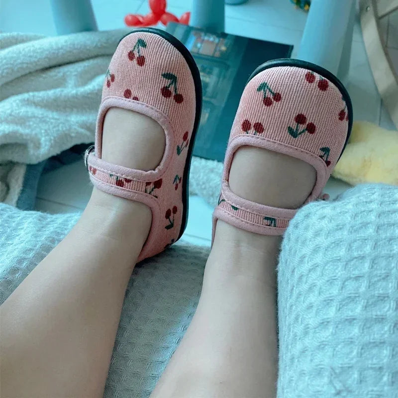 New Corduroy Floral Canvas Shoes Girls Square Mouth Indoor Shoes Soft Soled Non-slip Shoes