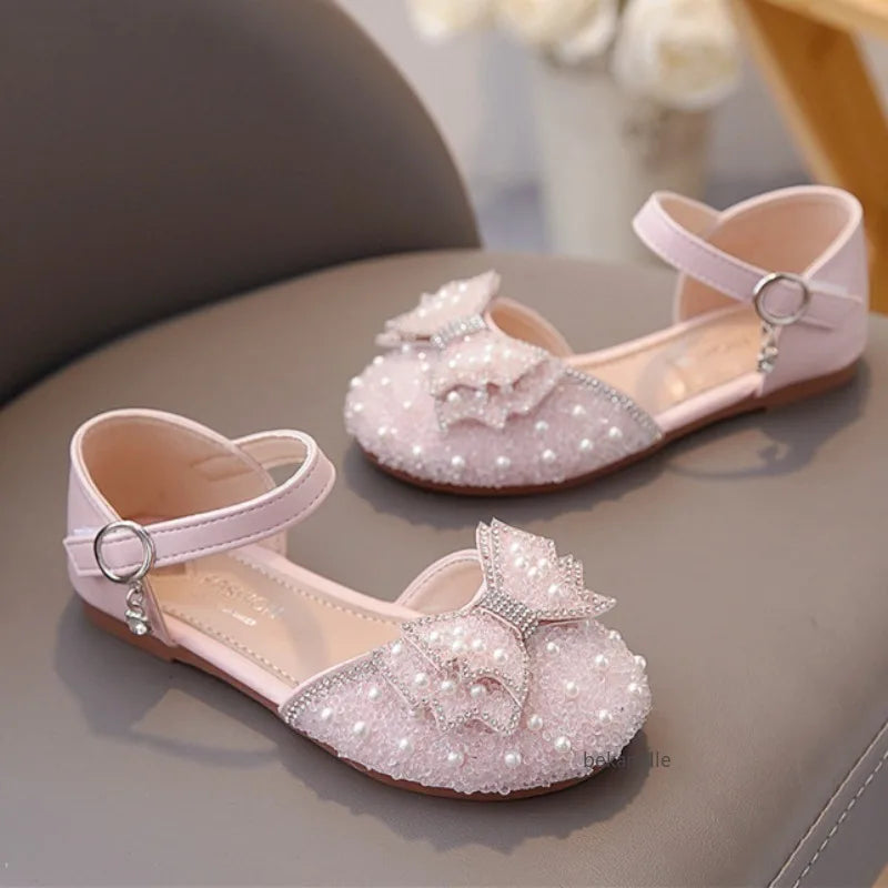Girls' Princess Shoes Spring And Summer Sandals White Flat Dress Shoes Pearl Decoration For Kids And Teens