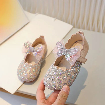 Girls Crystal Princess Footwear Comfortable Flat Sole Leather Shoes for Kids Glittering Rhinestone Design