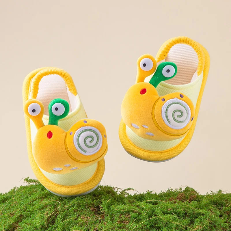 Cozy Fall & Winter Slippers for Boys and Girls, Cartoon Snail Design, Adjustable Heel Strap