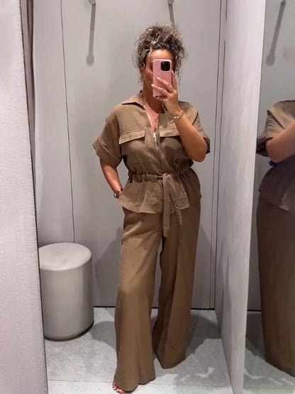 HH Women Pants Suit Solid Short Sleeve Zipper Pocket Drawstring Design Shirt Top+Elastic Waist Loose Casual Wide-leg Pants