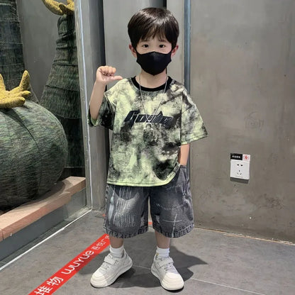 Korean Boys Summer Children's Top and Bottom 2PC Sets Short Sleeve T-Shirt & Denim Shorts Kids Clothes 1-7 Years Black Toddler
