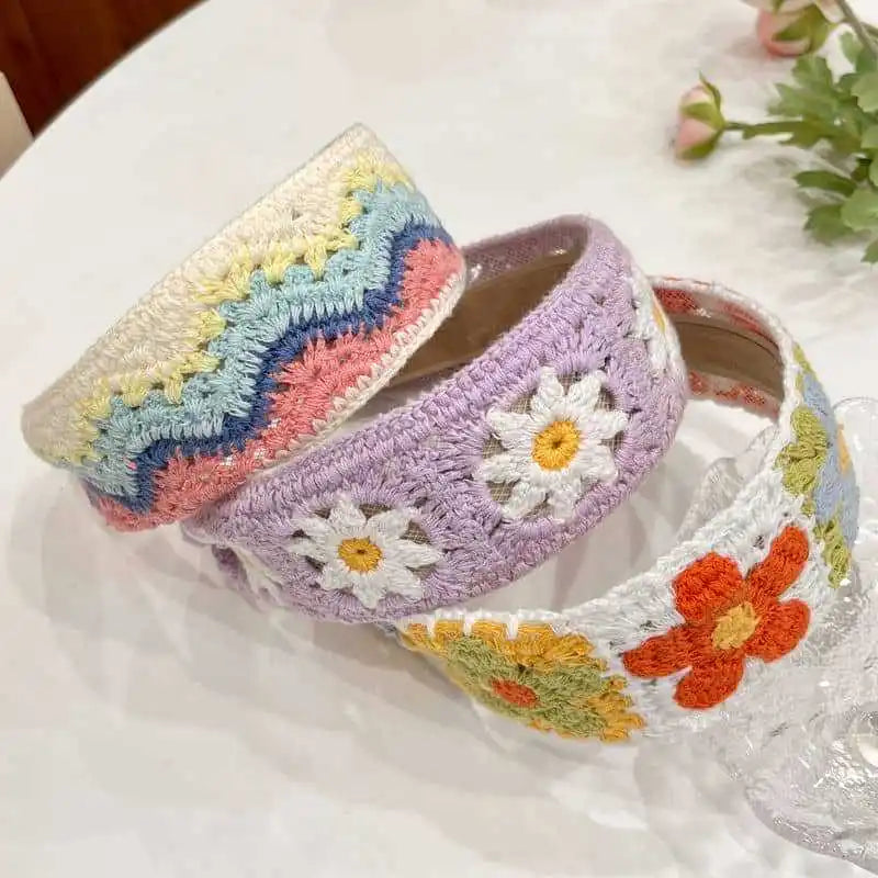 Sweet Embroidery Flower Kids Hair Hoops Colorful Knit Woolen Autumn Winter Wide Hairband for Girl Headwear