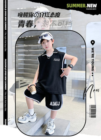 Boys Clothing Set American Style Children Vintage Vest Casual Sport Loose Pullover Sleeveless T-shirt Top Shorts Two-piece Set