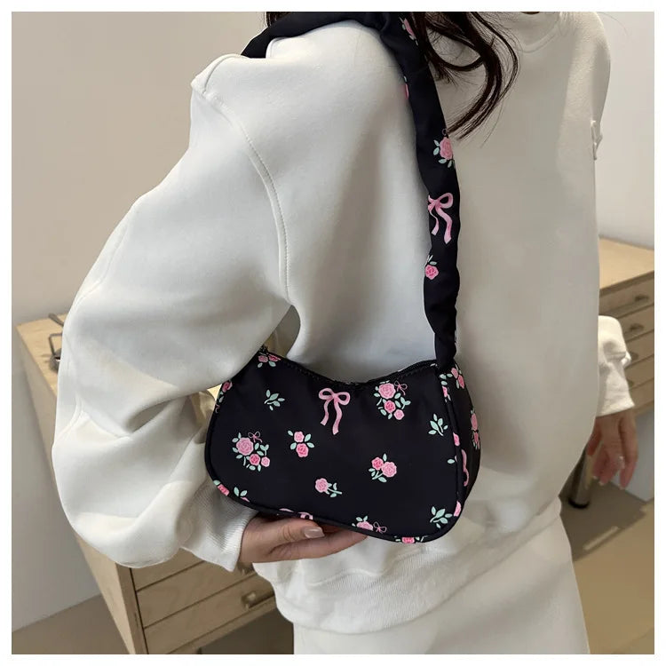 Women's Bags  Summer Nylon Pleated Handbags Armpit Bag Korean Floral Bow Printed Zipper Tote Bag Female Small Shoulder Bags