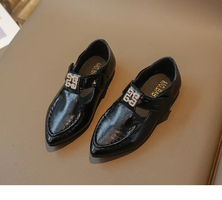 Fashion Girls' Shoes  Autumn New Kids Formal Pointed Leather Shoes Simple Versatile Girls' Rhinestone Casual Shoes Zapatos