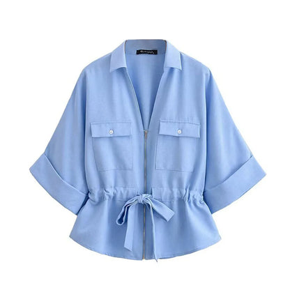 HH Women Pants Suit Solid Short Sleeve Zipper Pocket Drawstring Design Shirt Top+Elastic Waist Loose Casual Wide-leg Pants