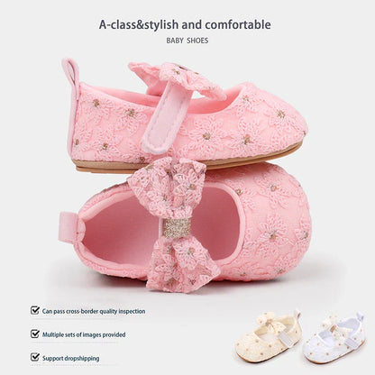 Newborn Baby Girls Mary Jane Flats Cute Bowknot Wedding Dress Shoes Non-Slip First Walkers Embroidery Flower Soft Shoes