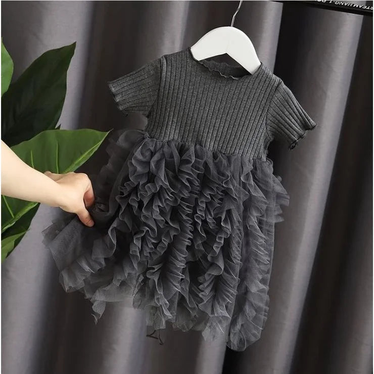 Kid Girl Party Dress Summer Solid Short Sleeve Lace Ribbed Mesh Dress Birthday&Wedding Party Clothing for little Girls