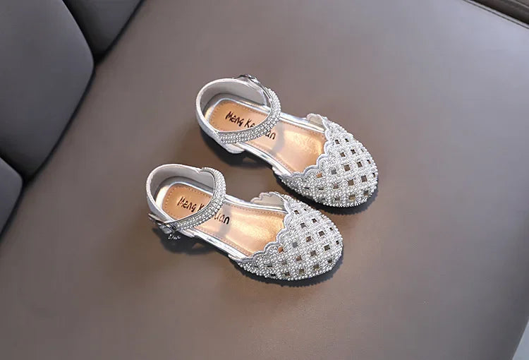 Children Spring Summer Korean Version Dance Shoes Girls Pearl Show Shoes Girl Rhinestone Princess Lace Leather Shoes Solid Color