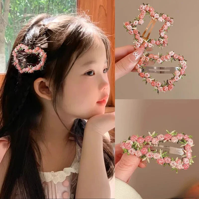 Pink Embroidered Flower Hairpin for Girls Kids Hair Clip Bangs Side Hair Accessory Barrettes