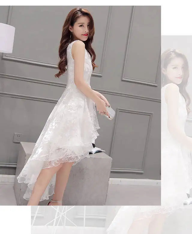 Summer High Low Retro Dress Vintage Women Sleeveless Front Back Short Long Organza Lace Dress Ladies Elegant Party Dress  (Available)