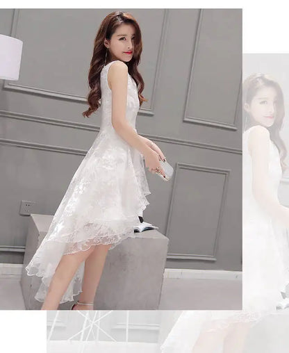 Summer High Low Retro Dress Vintage Women Sleeveless Front Back Short Long Organza Lace Dress Ladies Elegant Party Dress  (Available)