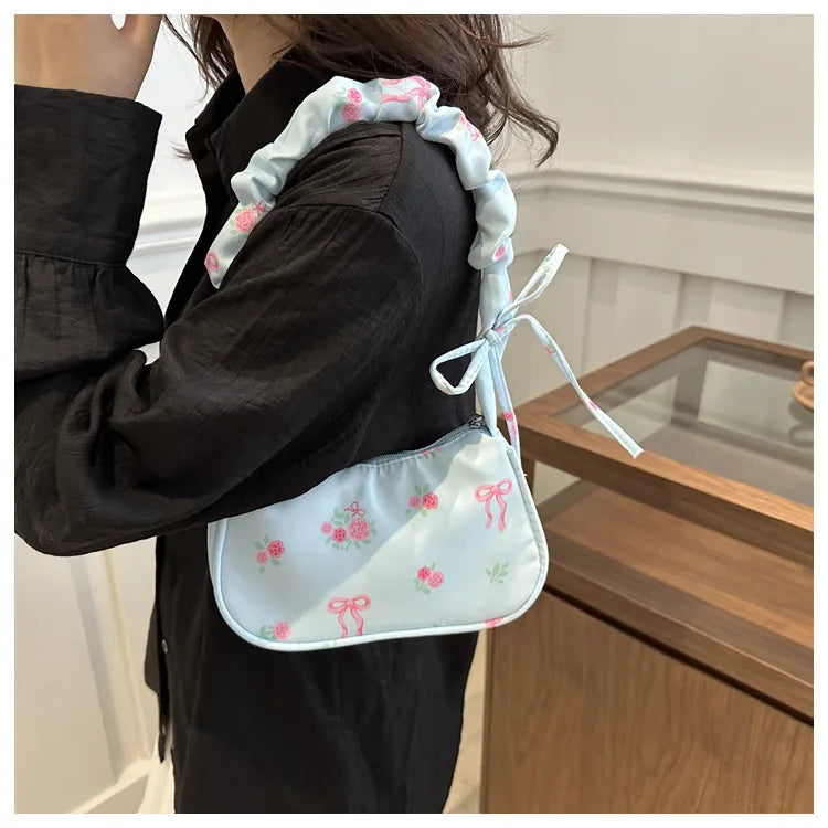 Women's Bags  Summer Nylon Pleated Handbags Armpit Bag Korean Floral Bow Printed Zipper Tote Bag Female Small Shoulder Bags