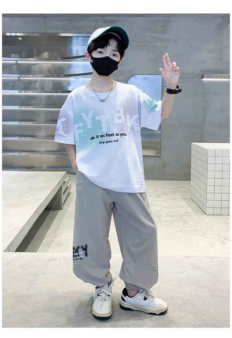 Teenager Boys Clothes Casual Outfit Kids Gradient Tracksuit Child t shirt + ankle tie pant