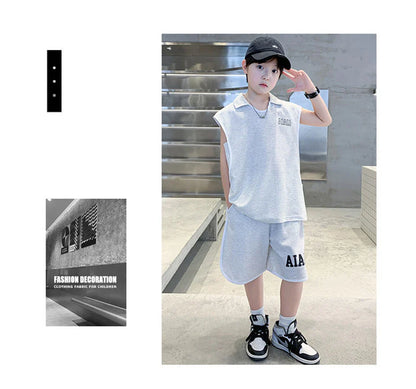 Boys Clothing Set American Style Children Vintage Vest Casual Sport Loose Pullover Sleeveless T-shirt Top Shorts Two-piece Set