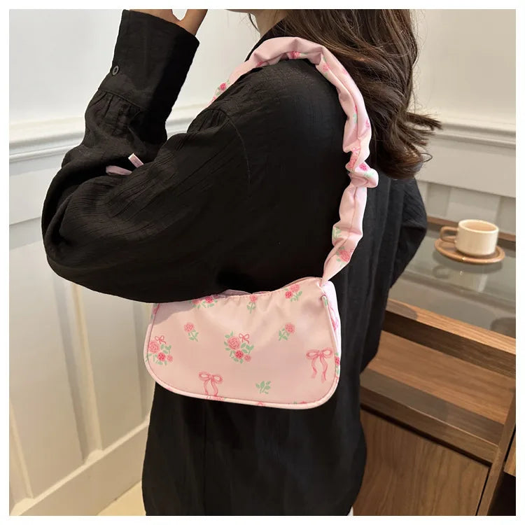Women's Bags  Summer Nylon Pleated Handbags Armpit Bag Korean Floral Bow Printed Zipper Tote Bag Female Small Shoulder Bags