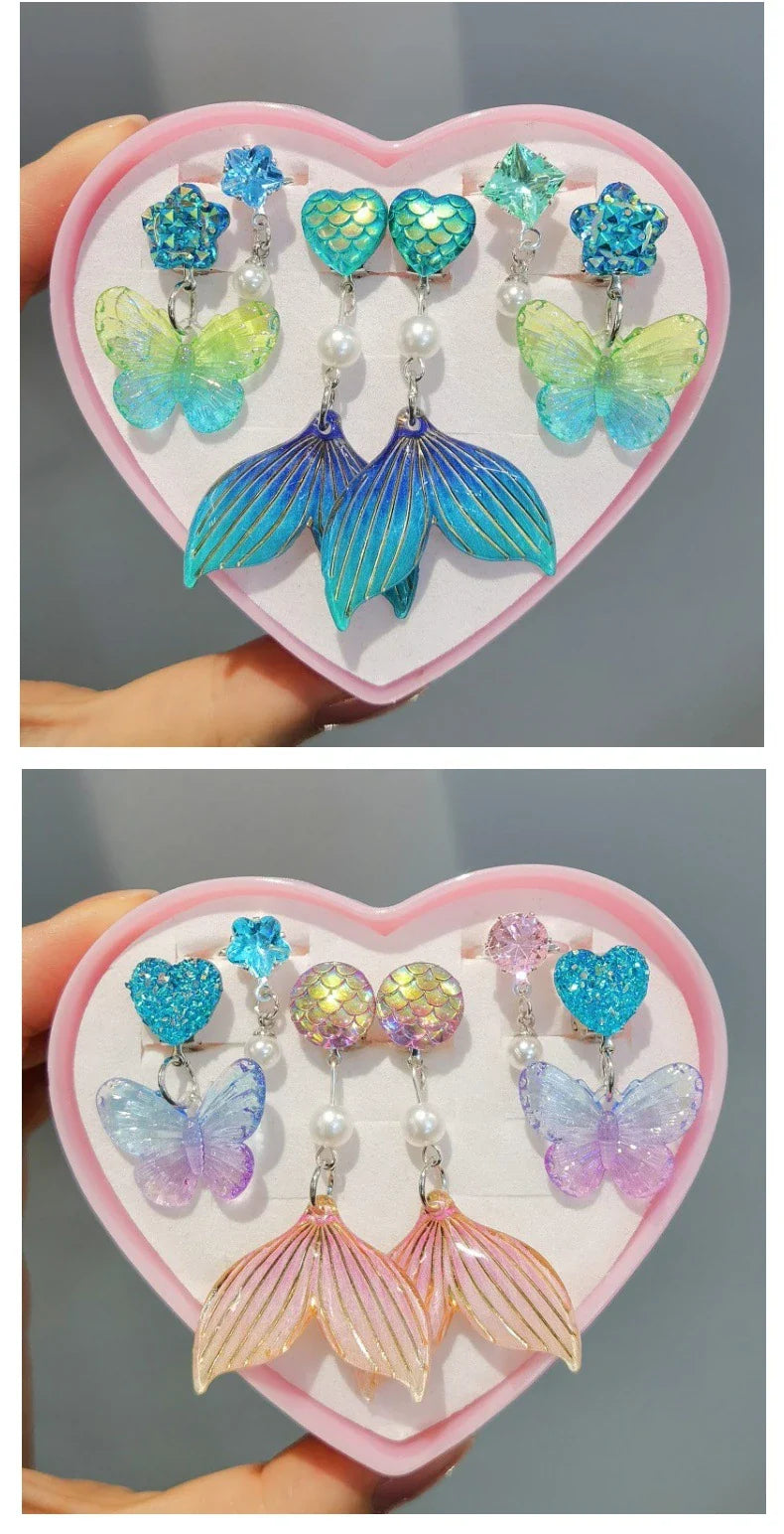 3pair Cute Children Ear Clip Earrings for Girl Without Ear Holes Sweet Mermaid Baby Ear Clip Set