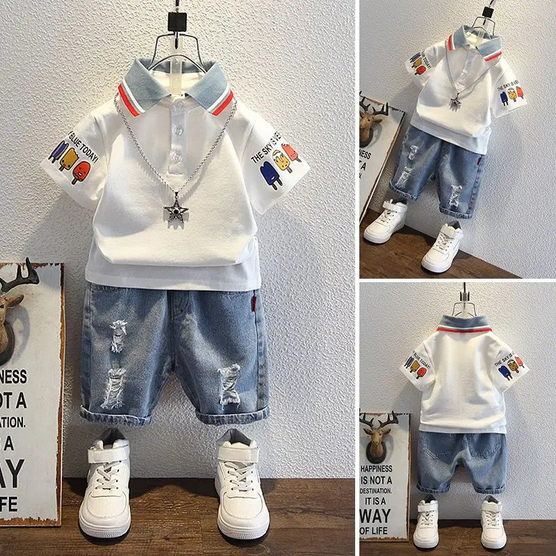 Boys 2025 Summer Outfit T-Shirt and Jeans Korean Polo Fashion 2PCS Casual Clothing Korean Reviews Top Toddler Kids Clothes Sets (Available )