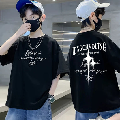 Summer 100% Cotton Boys Blue T-shirt Cool Graffiti Printed Girls Tees Short Sleeve Children Tops High Quality Kids Clothes