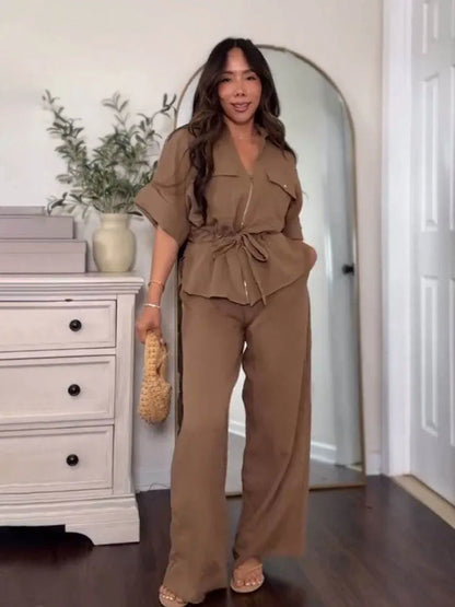 HH Women Pants Suit Solid Short Sleeve Zipper Pocket Drawstring Design Shirt Top+Elastic Waist Loose Casual Wide-leg Pants