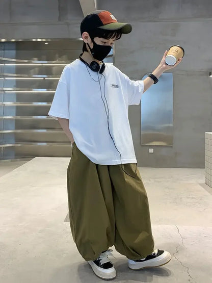 New Teenage Children's Clothing Big Boys Summer Cotton Set Summer Loose Boy Handsome T-shirt+ Lantern Pants Set Outfits