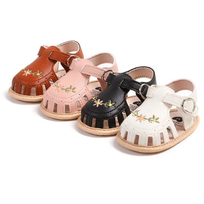 Newborn Infant Baby Girl PU Leather Embroidery Flower Sandals Summer Soft Sole Flat Princess Shoes Infant Non-Slip First Walkers