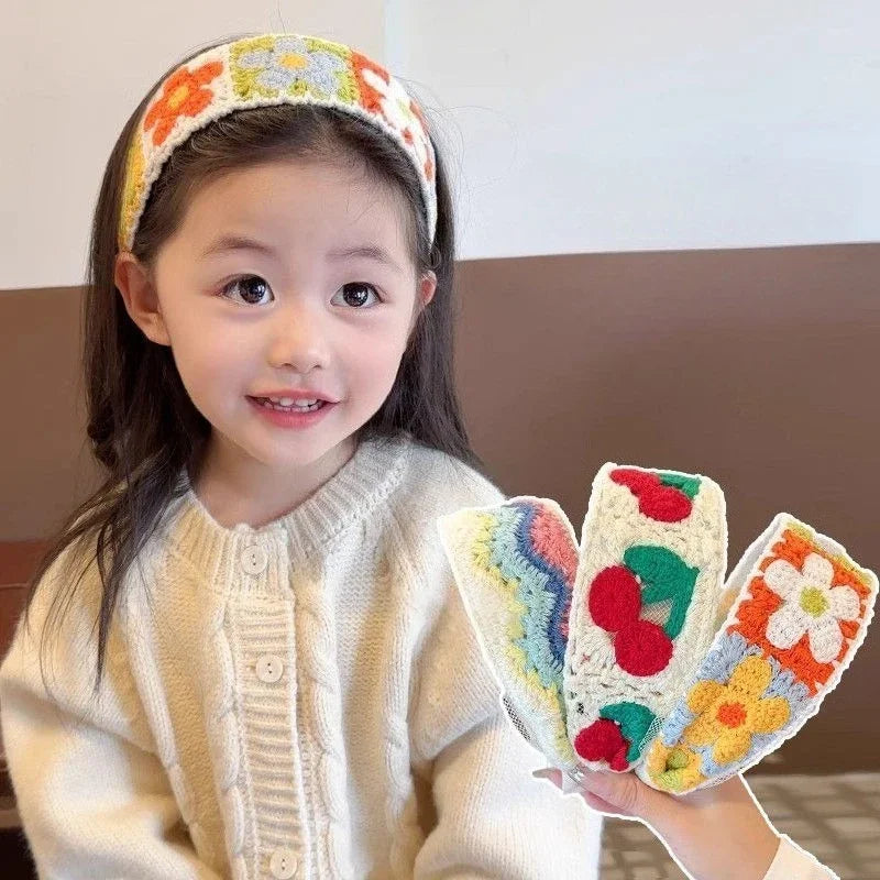 Sweet Embroidery Flower Kids Hair Hoops Colorful Knit Woolen Autumn Winter Wide Hairband for Girl Headwear
