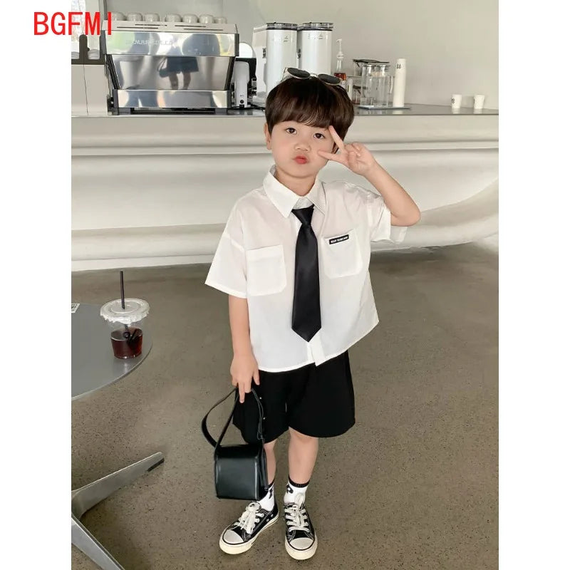 Teens Boys Summer Set Children's Wear Thin 2025 New Handsome British Style Boy White Cotton Short Sleeved Shirt+Black Shorts+Tie