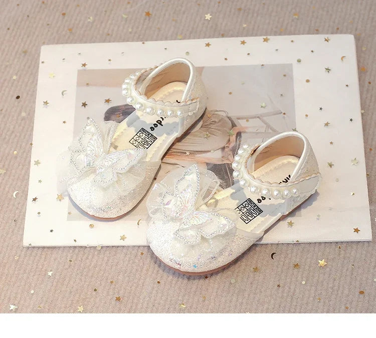 Girls Dress Shoes for Wedding Party Bling Sequins with Rhinestone Butterfly Sweet Princess Chic Kids Flat Shoes Lace Beaded