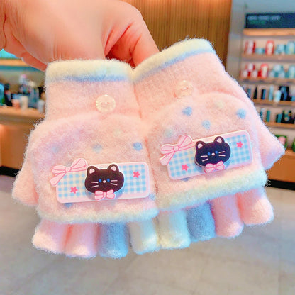 Winter Plush Knitted Cartoon Rabbit Flexible Flip-top Gloves Thicken Warm Cute Gloves For Baby Girls Half Finger Children Gloves