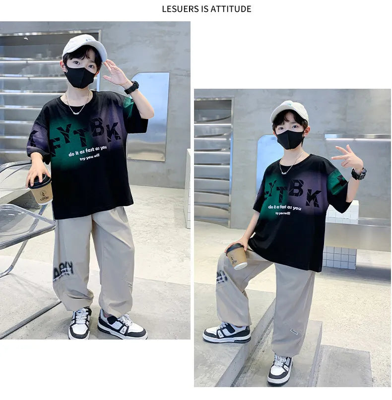 Teenager Boys Clothes Casual Outfit Kids Gradient Tracksuit Child t shirt + ankle tie pant