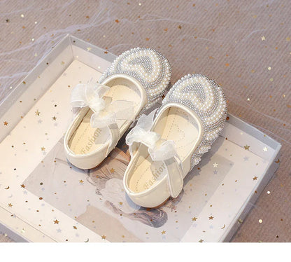 Girls Rhinestone Shoes with Big Heart Pearl Lace Bowtie Fashion Princess Sweet Kids Dress Flats for Wedding Party Chic Elegant
