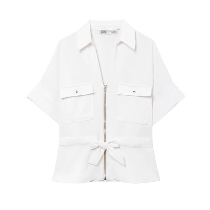 HH Women Pants Suit Solid Short Sleeve Zipper Pocket Drawstring Design Shirt Top+Elastic Waist Loose Casual Wide-leg Pants