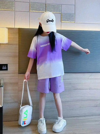Children's Boy Clothes Set Summer Gradient Letter T-shirts and Shorts Suit Teenage Short Sleeve Top Bottom 2 Pieces Tracksuit