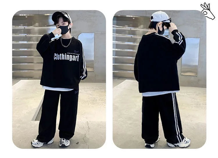 Teenager boys Suit autumn winter Cloth letter striped sweatshirt hooded + wide leg Pants tracksuit 5 8 10 12 Year Child set
