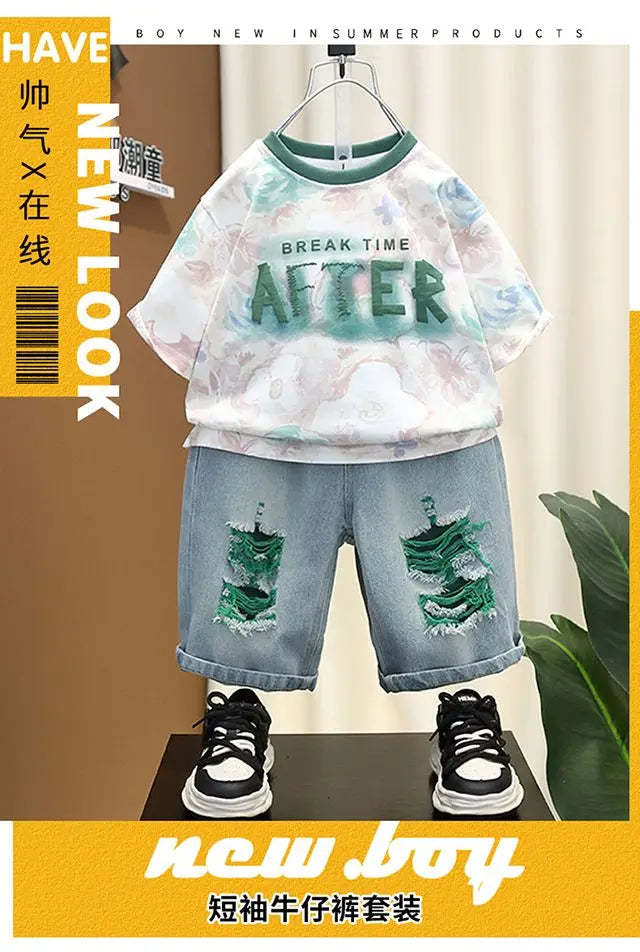 New Children's Printed Thin T-shirt+ hole Denim Shorts Teenager Boys Summer Fashion outfits
