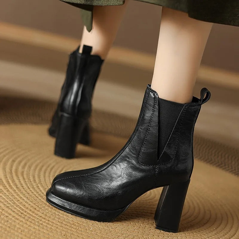 Autumn/Winter Women Boots Round Toe High Heel Shoes for Women Leather Boots Women Handemade Shoes Ankle Boots Ladies Shoes