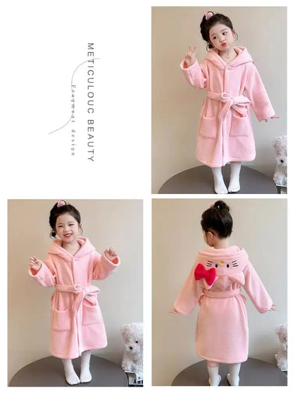 Sanrio Hello Kitty Children Bath Robe Pajamas Terry Cloth Girls Babies Toddlers Spring Winter Home Wear Hooded Cozy Sleepwear