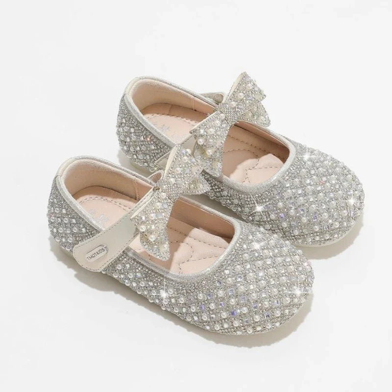 Autumn New Girls Single Princess Shoes Pearl Shallow Children's 2025 Comfortable Flat Shoes Kid Baby Rhinestone Bowknot Shoes
