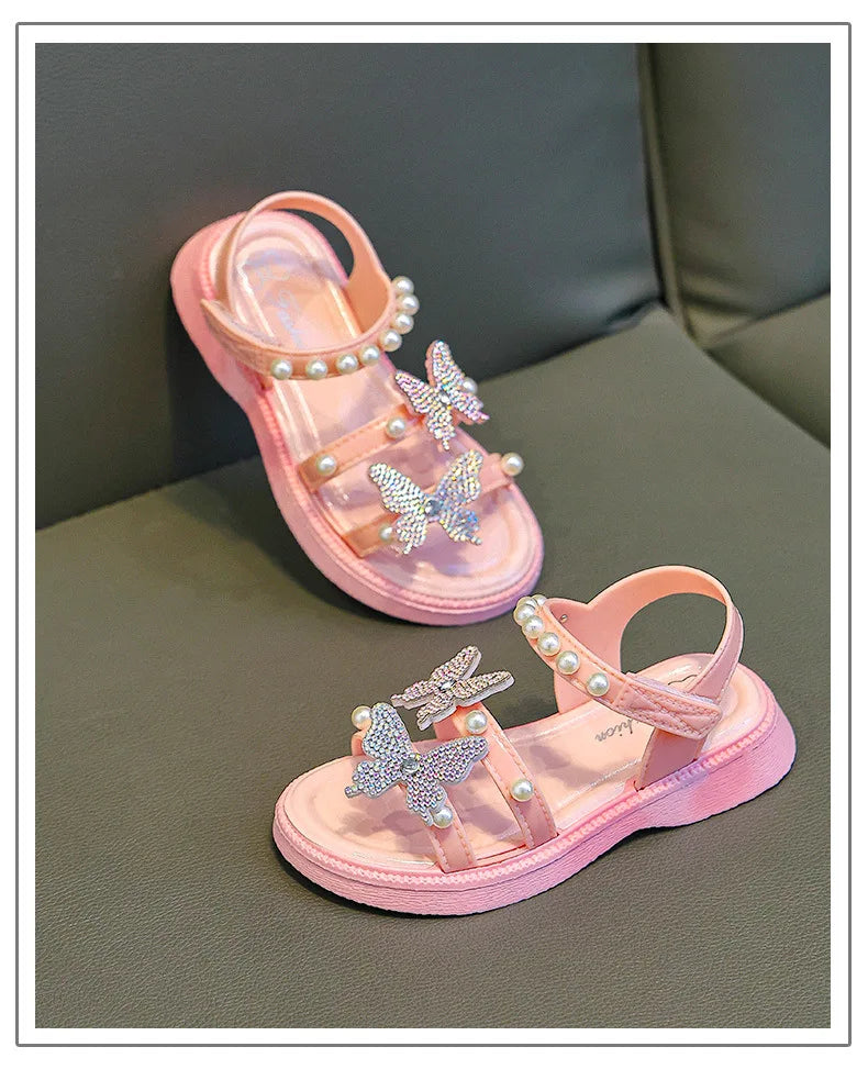 Kids' Sandals PU Leather Sequin Peep Toe Summer Outdoor Flat Shoes For Girls Breathable Anti-slip White Purple Pink