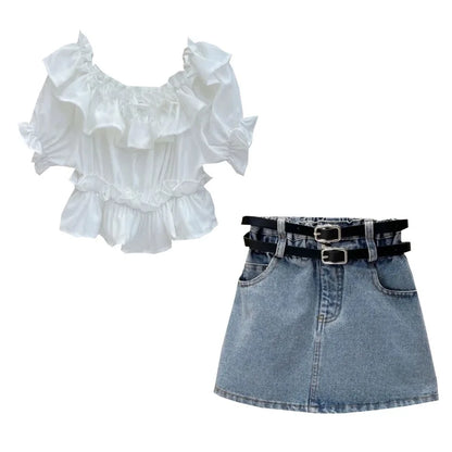 Girl's Clothing Sets Fashion Ruffled Top Short Sleeved T-shirt+ Baby Kids Denim Half Skirt Two-piece Set with Belt Included